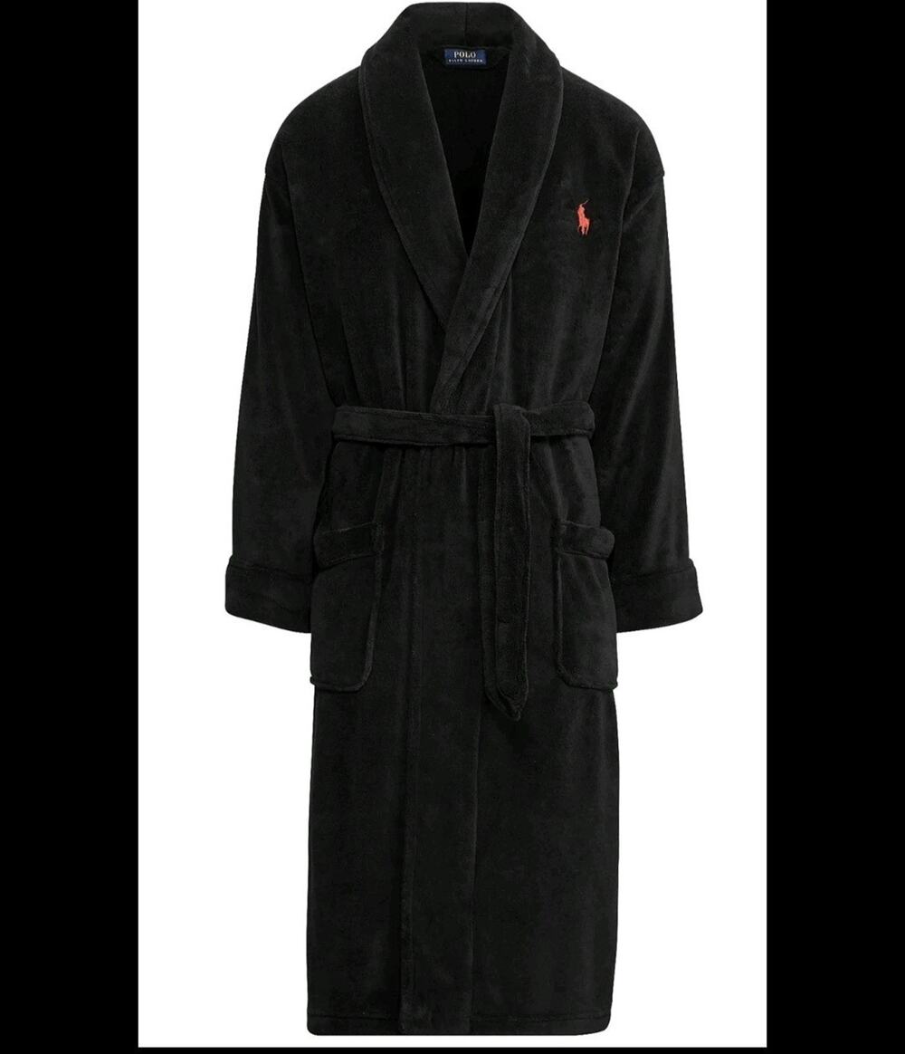 POLO RALPH LAUREN Shawl Collar Logo Plush Robe Size S / M NWT BLACK Microfiber